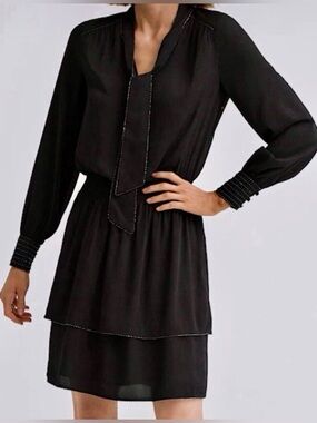 Parker Tie Neck Beaded Long Sleeve Ruffle Silk Black Dress size S